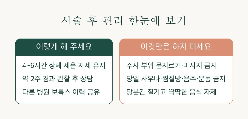 보톡스 (주름·사각턱·침샘·승모근·스킨) 후 관리 인포그래픽 — 해야 할 것과 피해야 할 것